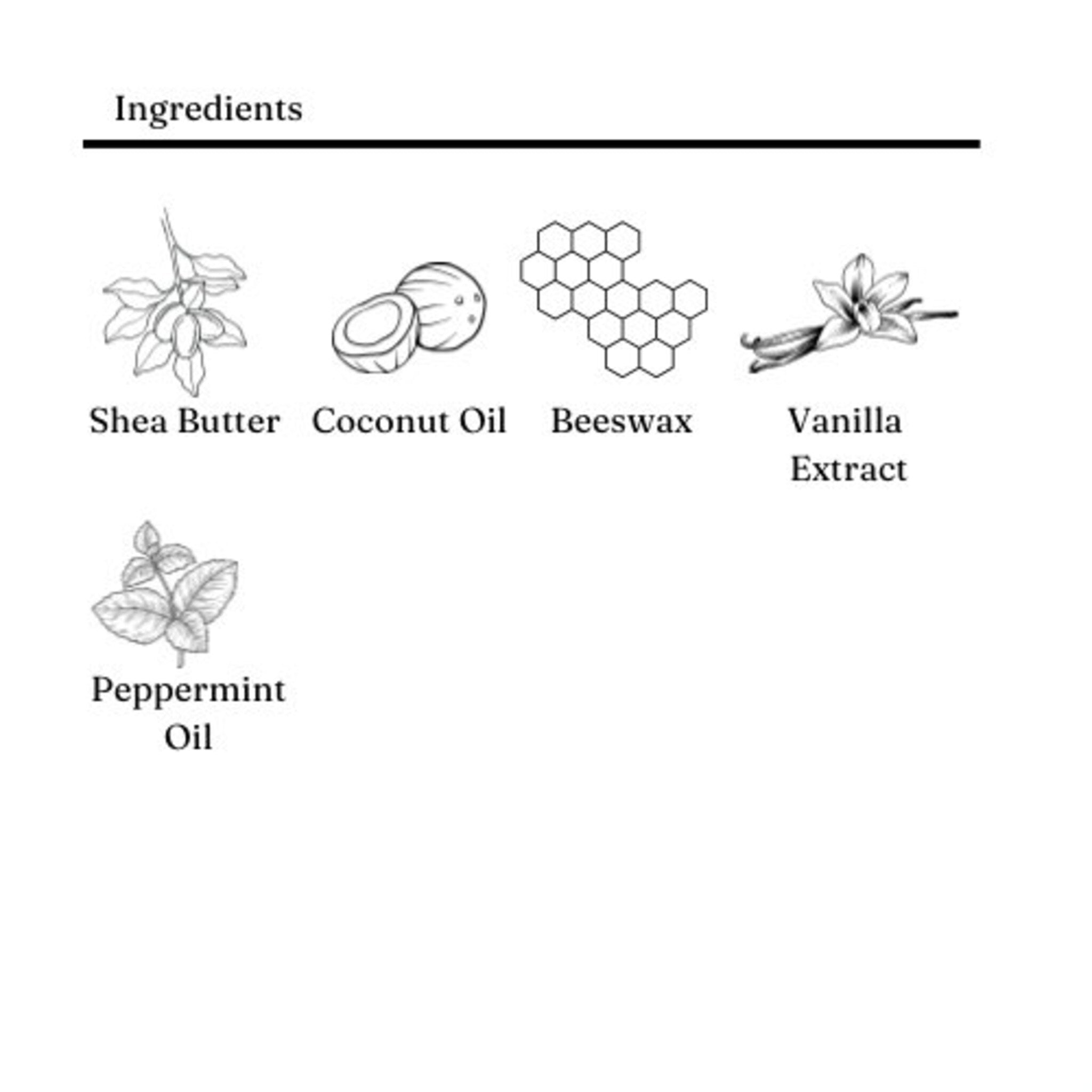Ingredients list graphic with black and white illustrations of Shea Butter, Coconut Oil, Beeswax, Vanilla Extract, and Peppermint Oil