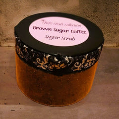 Sugar scrub jar with brown, black patterned trim, and "Chef's craft collection" text on the lid