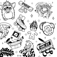 Set of four nostalgic 90s cartoon tattoo stencils with skin-safe adhesive, arranged on clean white background