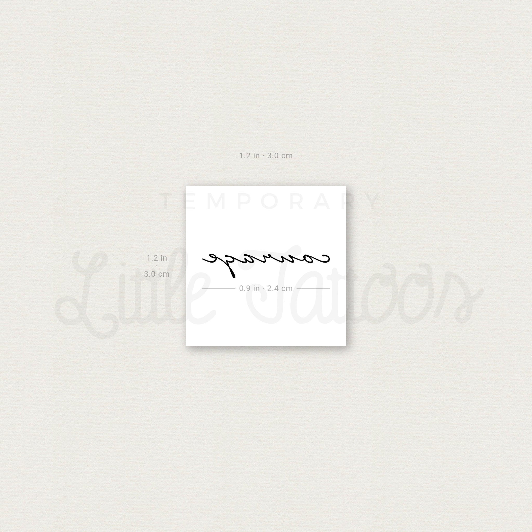 Temporary tattoo with black script, white background, and Little Tattoos logo.