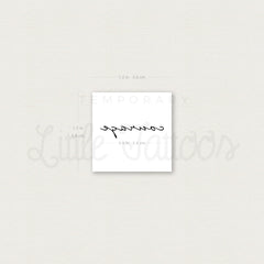 Temporary tattoo with black script, white background, and Little Tattoos logo.