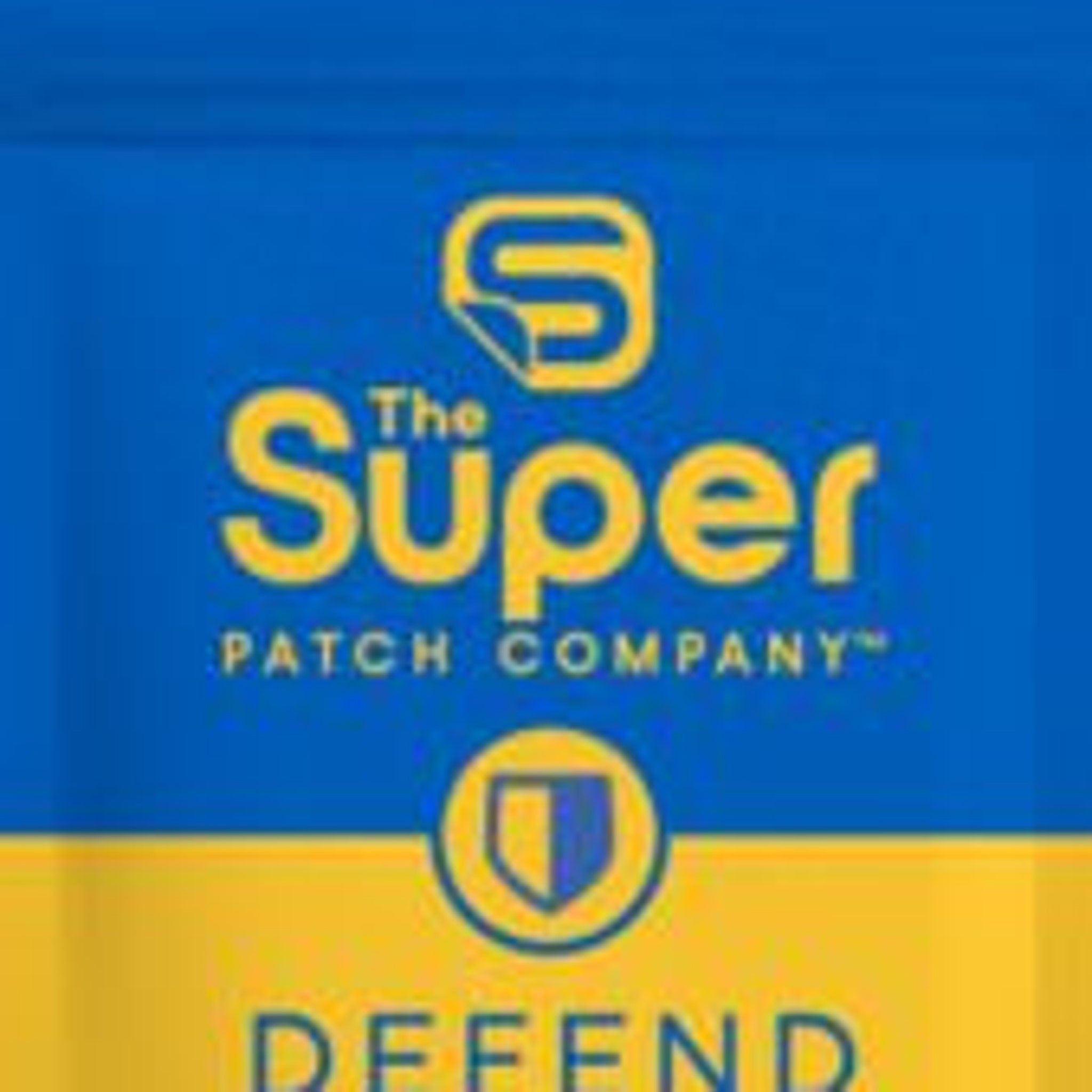 The Super Patch Company logo with blue and yellow colors and text DEFEND