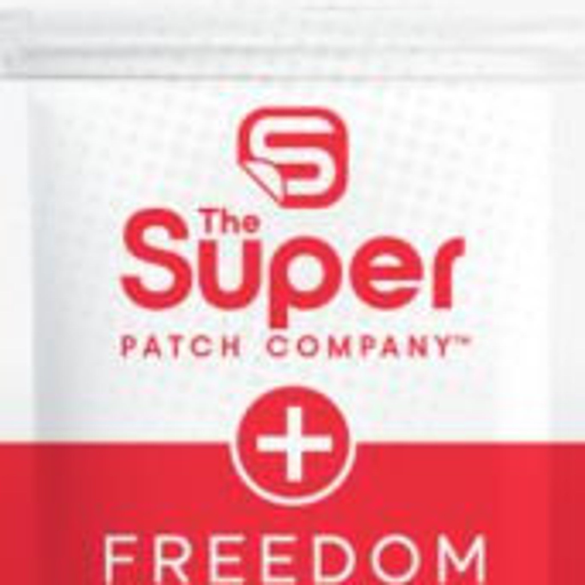 Patch packaging with red and white color scheme, "The Super Patch Company" text, and a plus symbol.