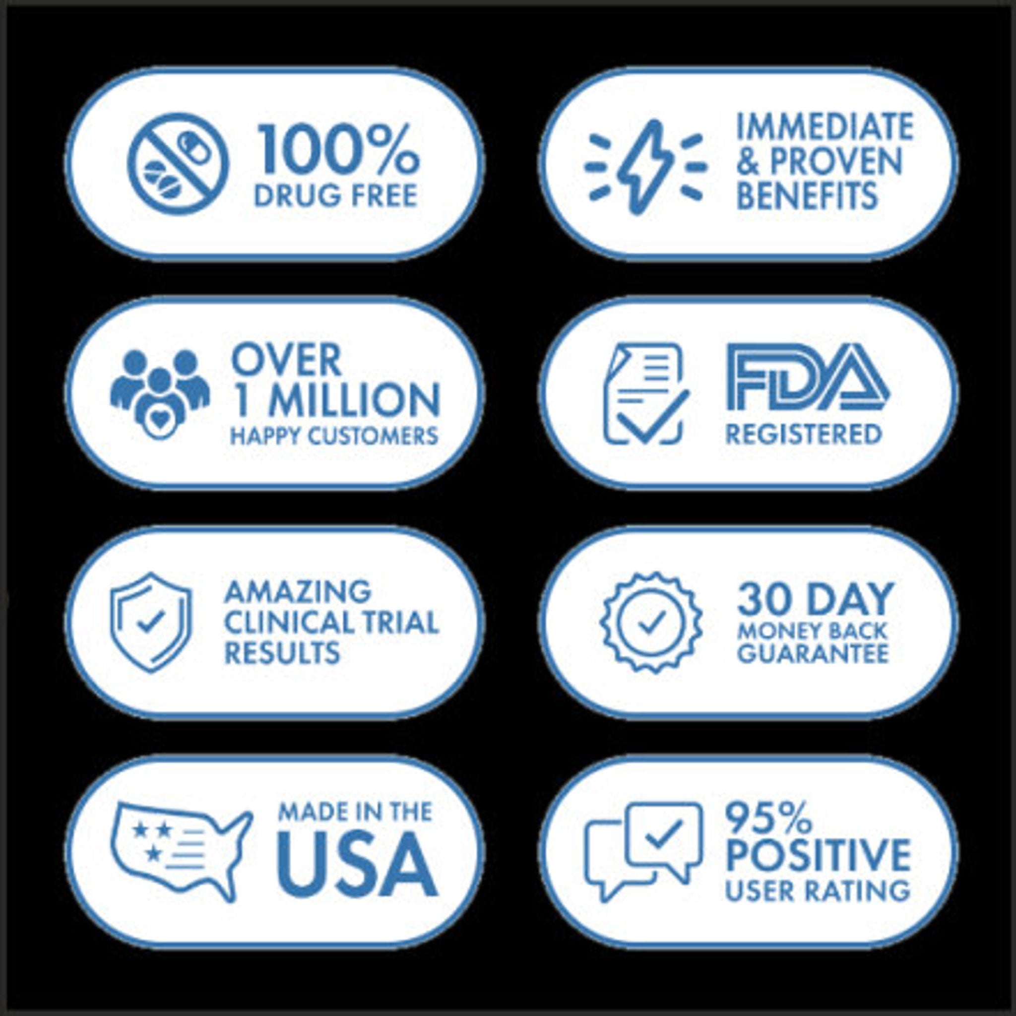 Informational graphic with blue and white oval badges, text, and icons, showing benefits and guarantees