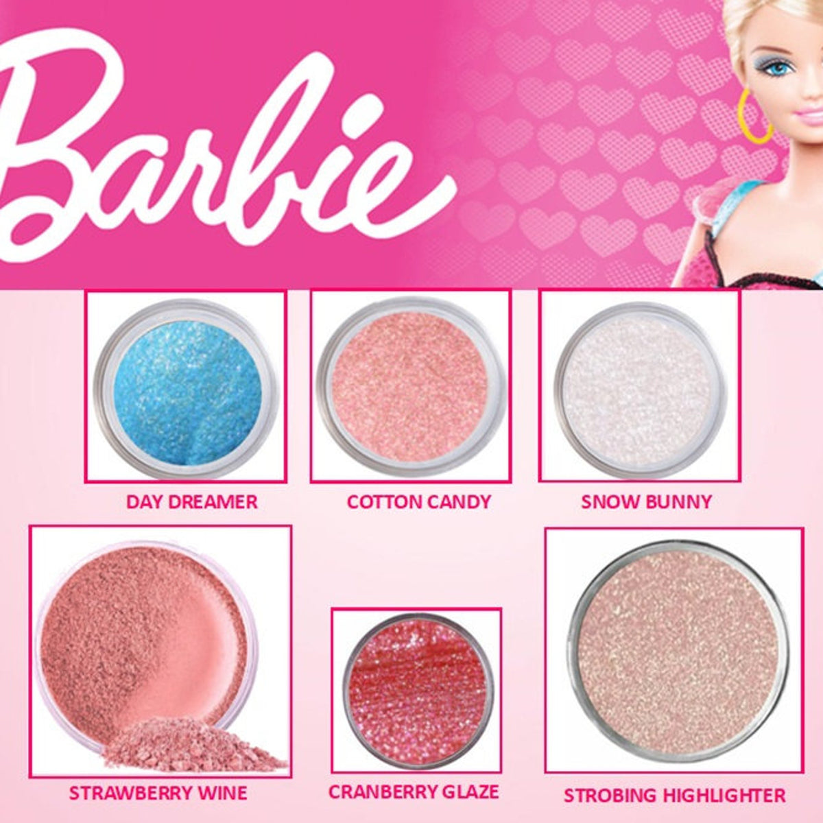 Barbie pink vegan eyeshadow palette with sparkly shades in a sleek compact case
