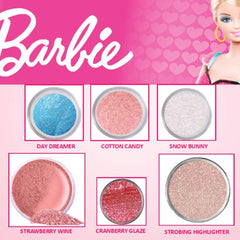 Eye shadow kit with pink Barbie logo, sparkly eyeshadow colors, and a Barbie doll image