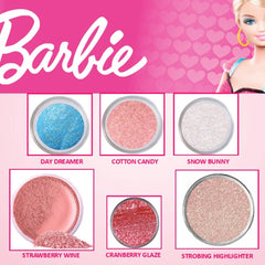 Barbie pink vegan eyeshadow palette with sparkly shades in a sleek compact case