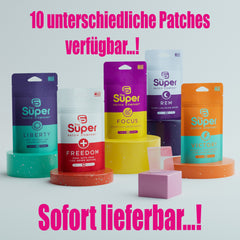 Patches in various colors with "The Super Patch Company" branding, displayed on pedestals