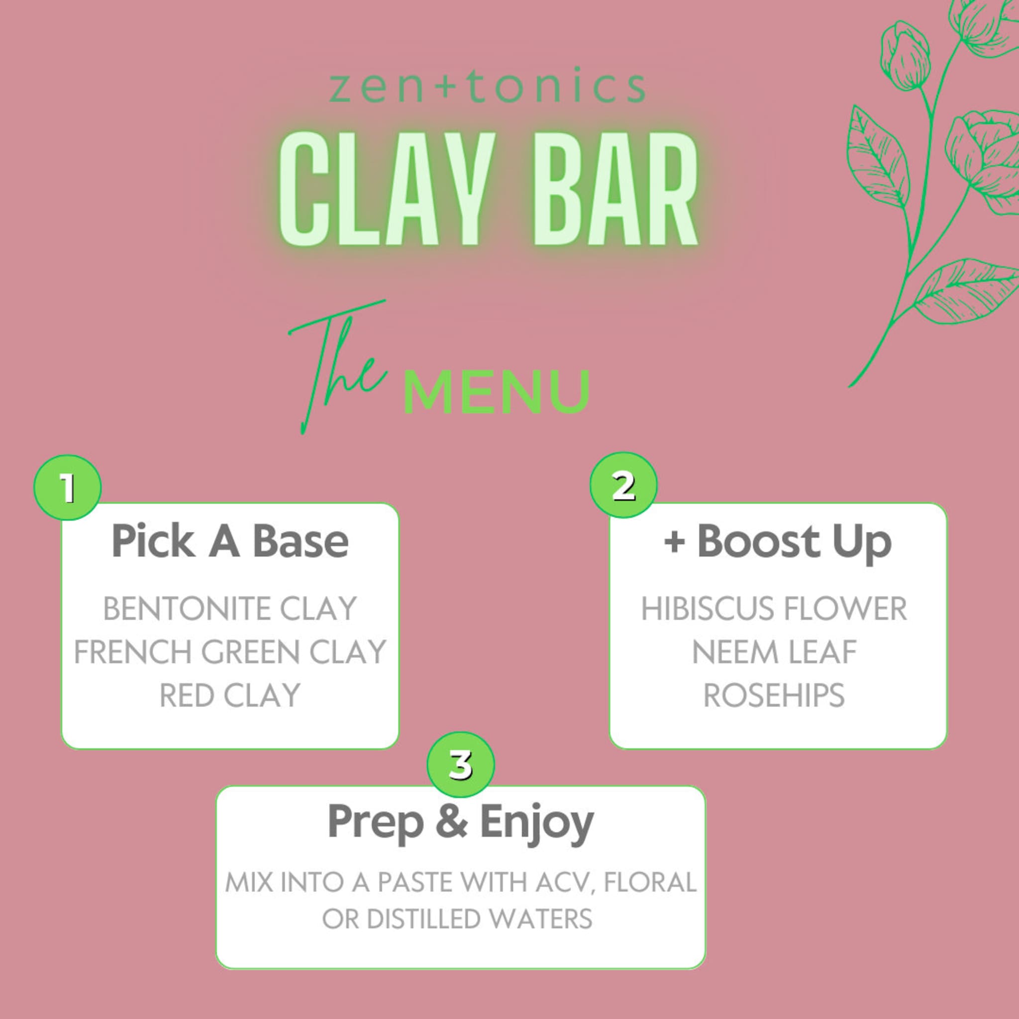 Clay bar menu graphic with green text on pink background, listing ingredients and steps for use