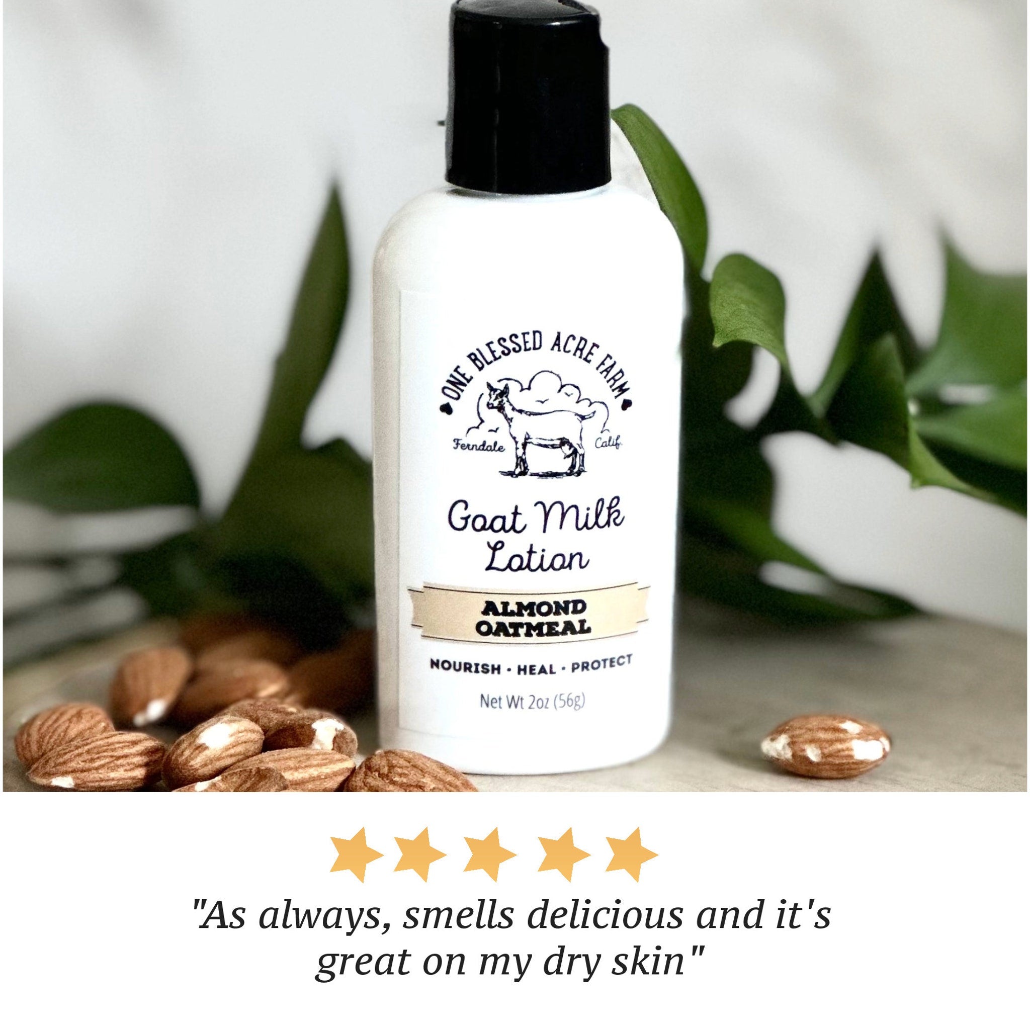 Goat milk lotion bottle with black cap, white label, and "One Blessed Acre Farm" brand text, with almond oatmeal text
