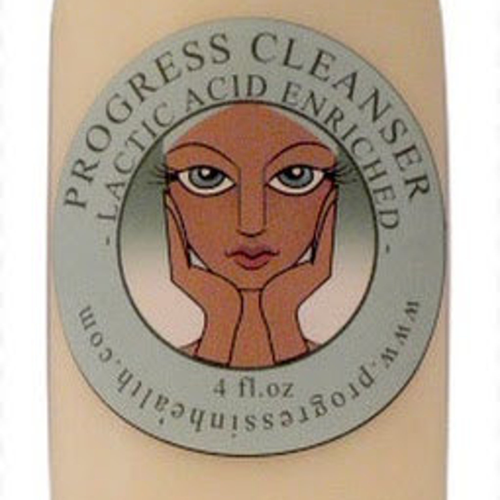 Cleanser bottle with Progress logo, beige background, and illustration of a woman's face.