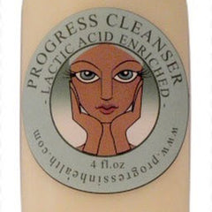 Cleanser bottle with Progress logo, beige background, and illustration of a woman's face.