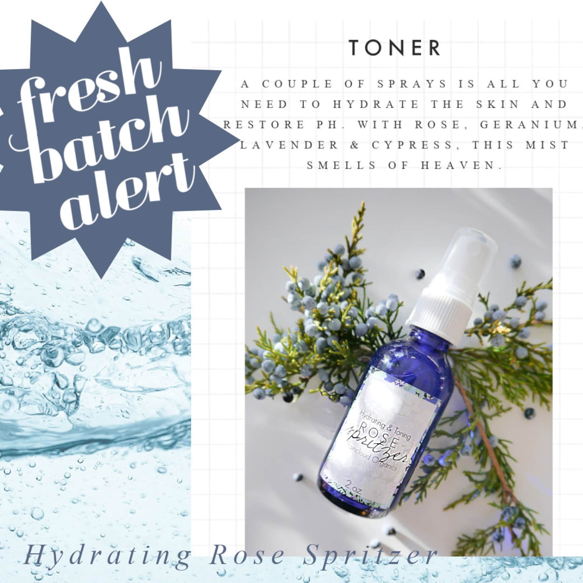 Rose spritzer bottle, blue glass, white label, with floral and botanical elements
