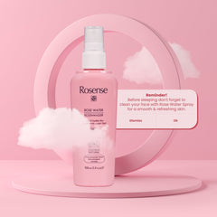 Rose water spray bottle, pink and white with Rosense text, for skincare routine