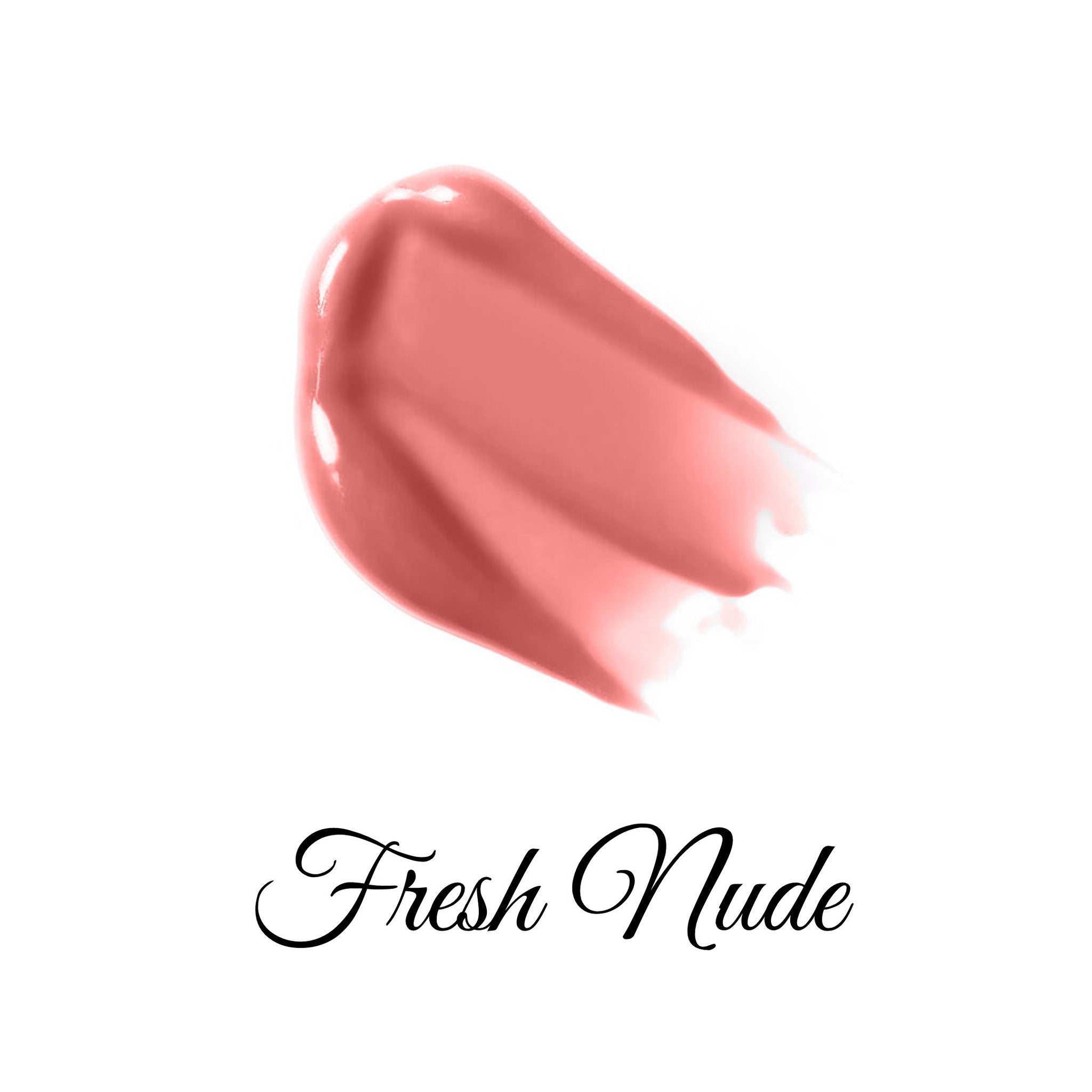 Lip gloss swatch in peach color with glossy finish and "Fresh Nude" text