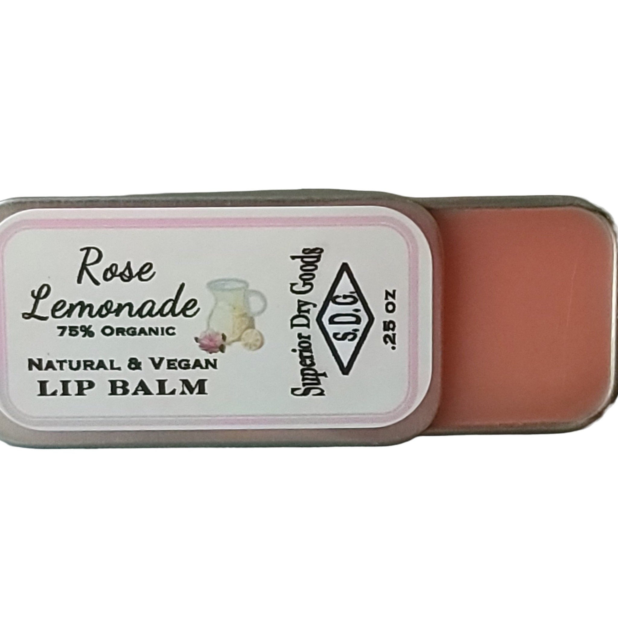 Lip balm with pink color, metal container, and Rose Lemonade text label for lip care