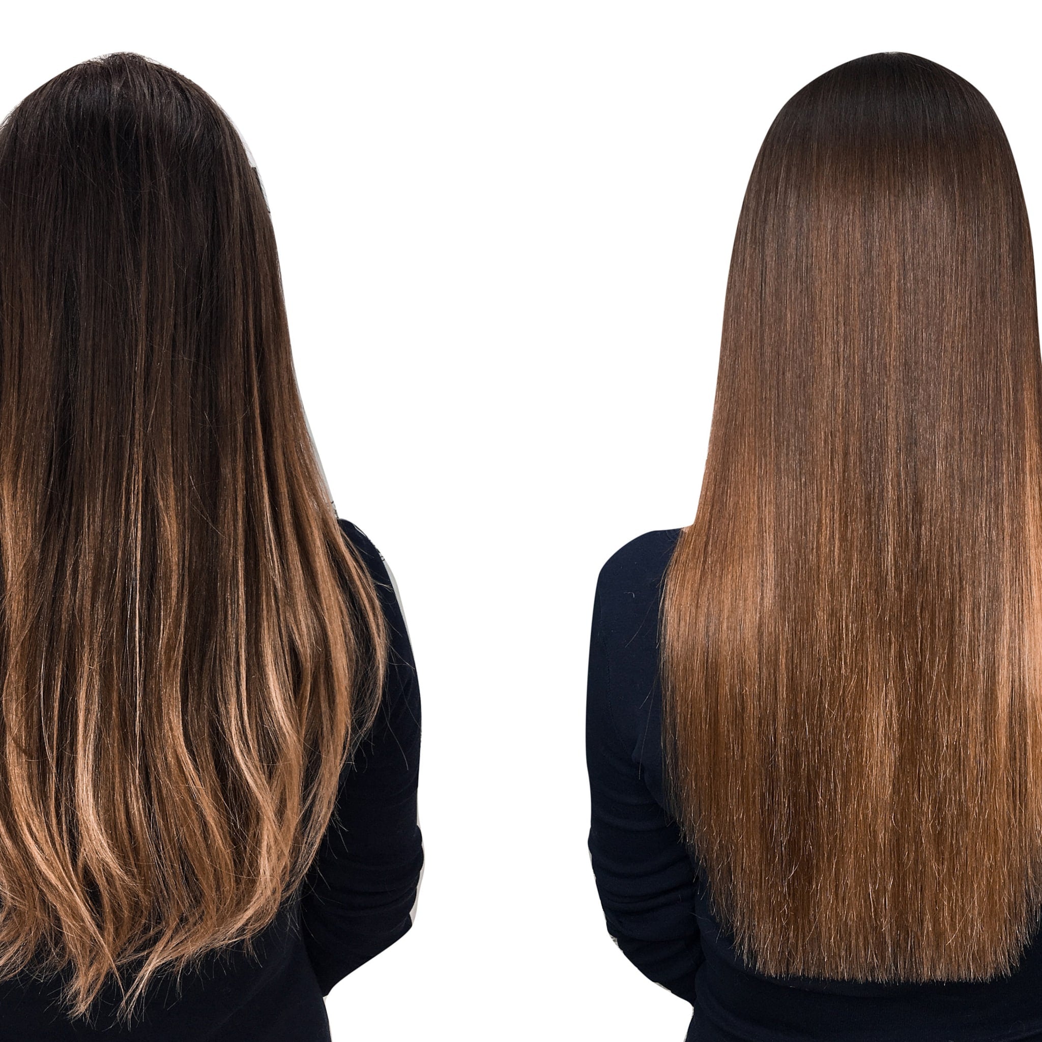 Hair color comparison with brown and blonde highlights, straight style, against white background