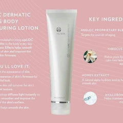 Body lotion tube in white with silver accents, Nu Skin brand visible