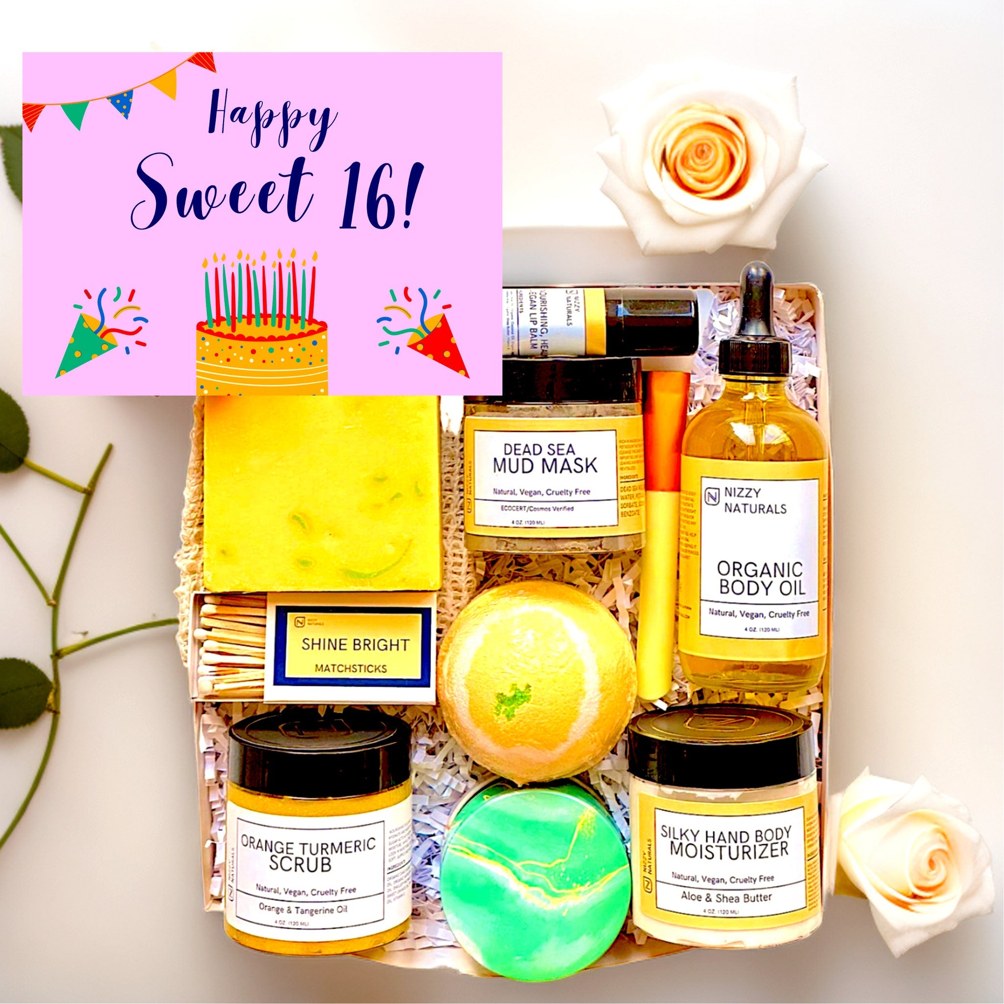 Bath and body gift set with yellow, green, and black containers, Nizzy Naturals brand, for a birthday