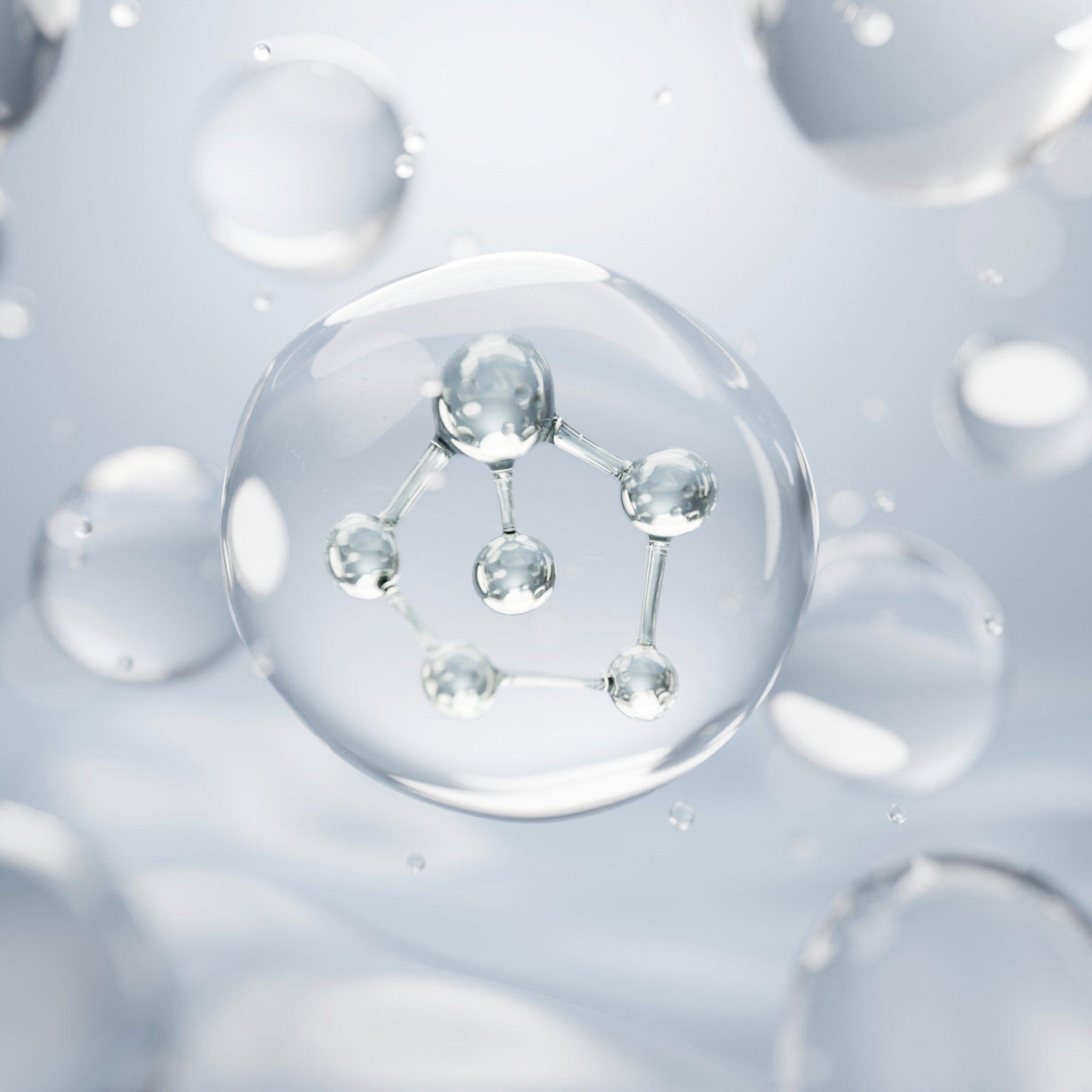 Abstract clear spheres with molecular structure inside, light blue background