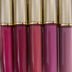 Matte liquid lipstick in various shades, gold metallic caps, clear tubes
