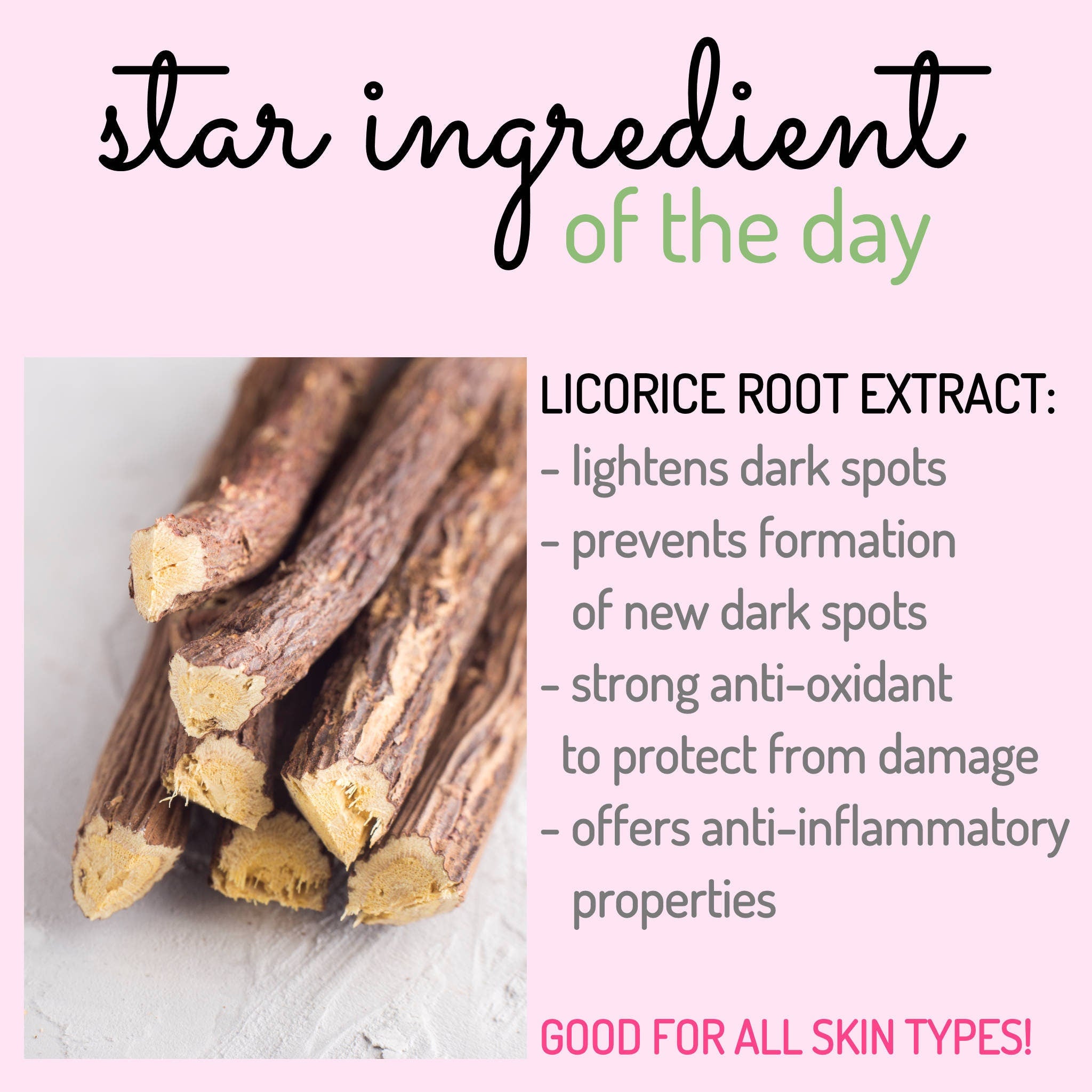 Licorice root extract, brown textured sticks with light yellow cut ends, for skincare use