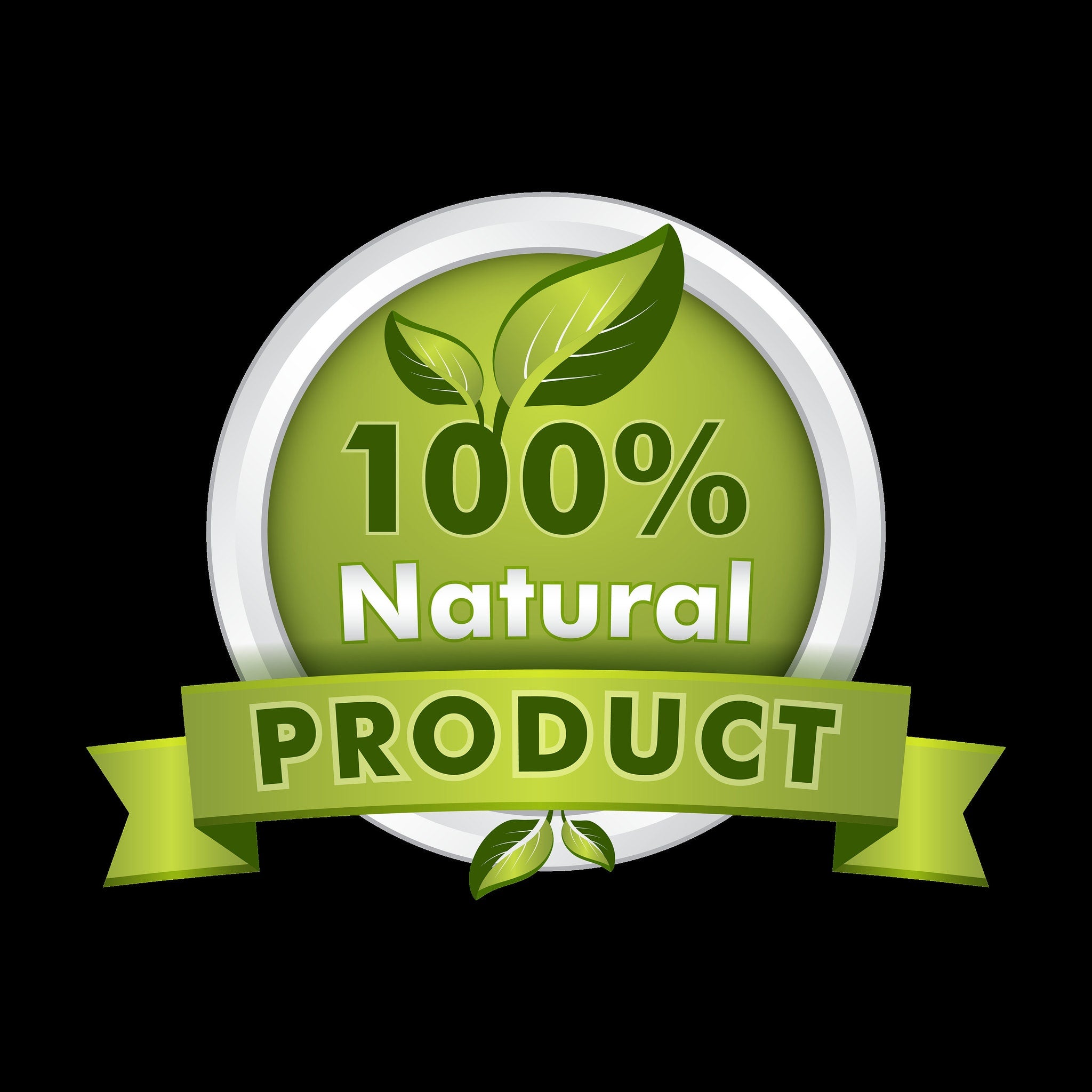 Natural product badge with green and white colors, leaf graphic, and text "100% Natural Product