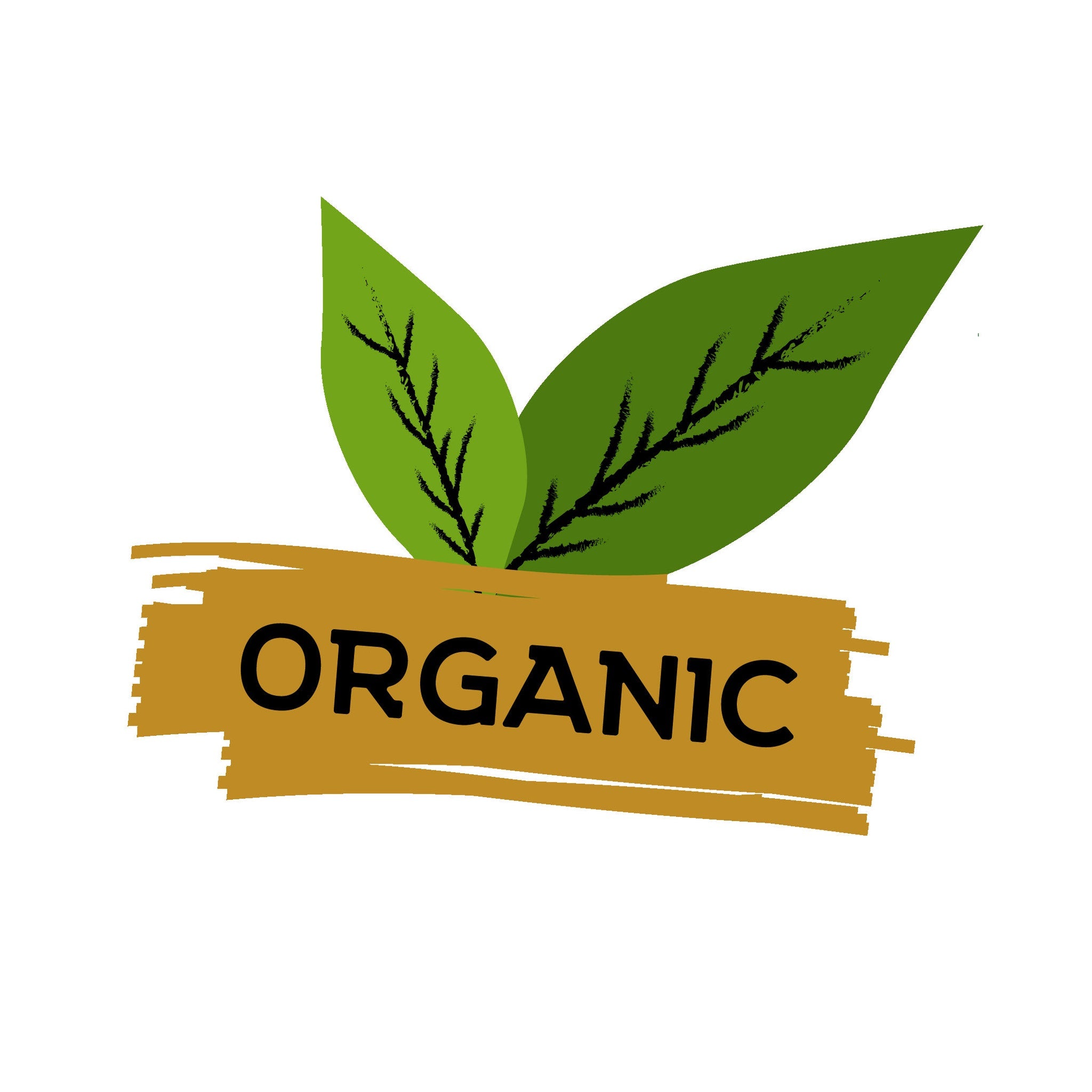 Organic label with green leaves, black text on a brown brushstroke, and white background