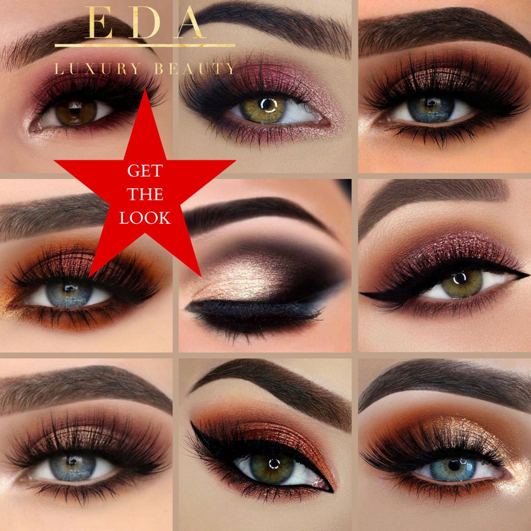 Eyeshadow looks with various colors, styles, and EDA Luxury Beauty branding