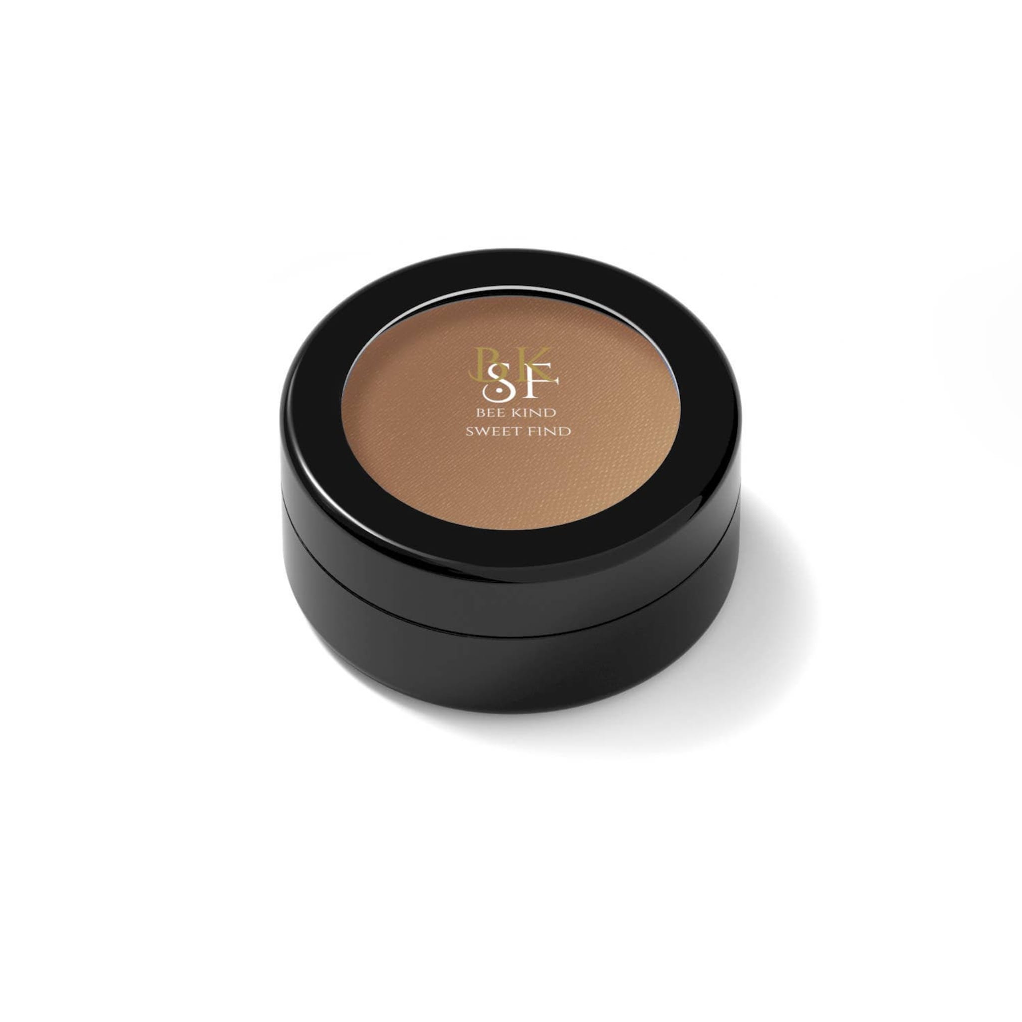 Eyeshadow compact with brown powder, black container, and BKSF logo