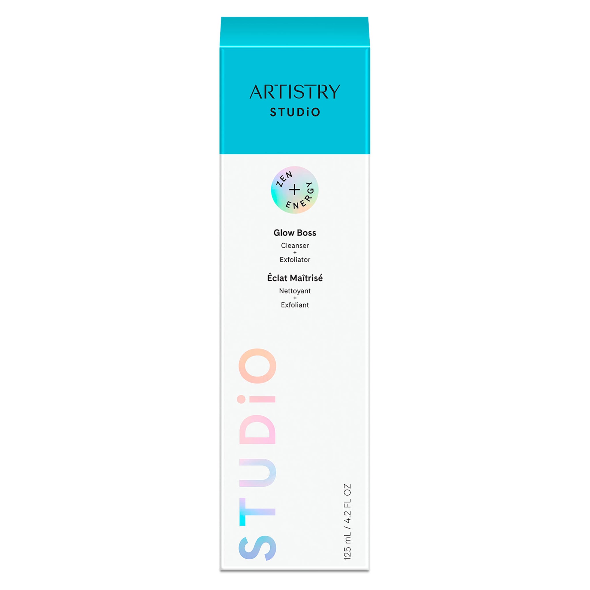Cleanser bottle with blue, white, and teal color scheme, ARTISTRY STUDIO branding visible on packaging