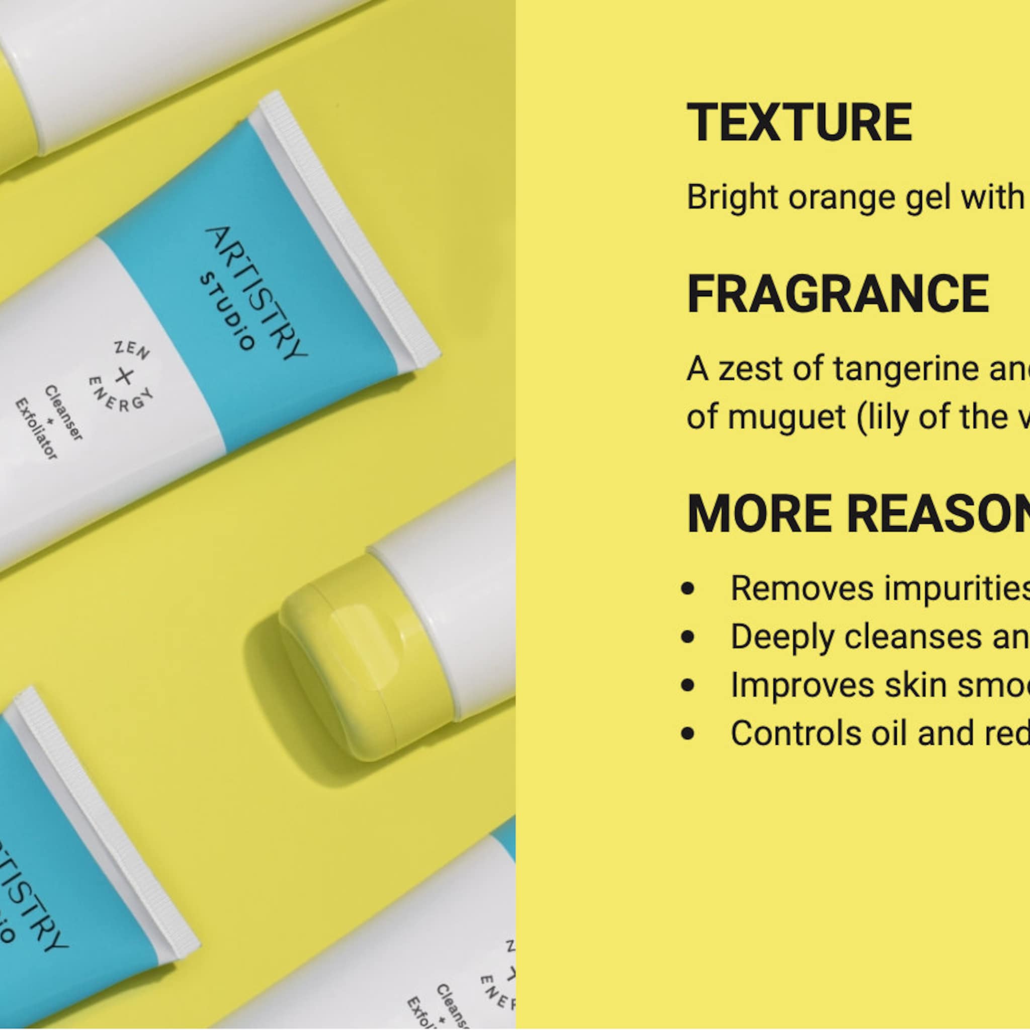 Cleanser tube with blue and white label, yellow cap, ARTISTRY STUDIO branding on yellow background