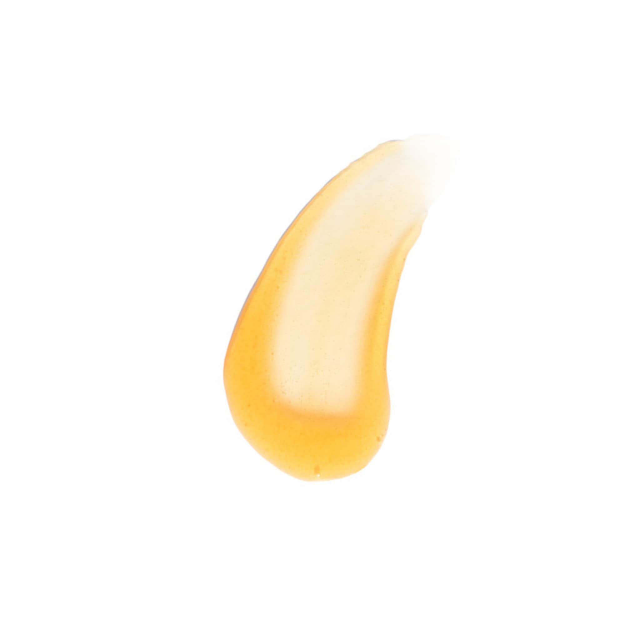 Yellow liquid swatch with smooth texture on white background, showing product application.