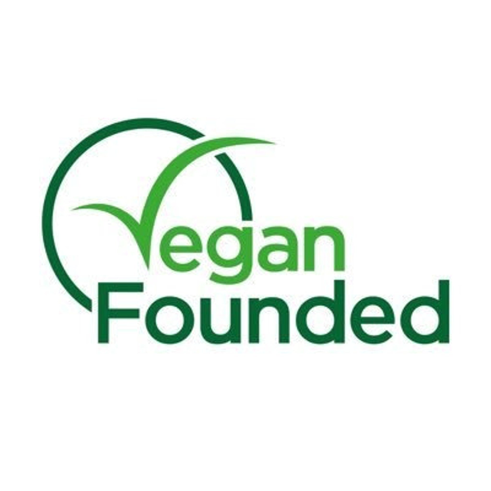 Vegan Founded logo, green checkmark and text on white background, circular design