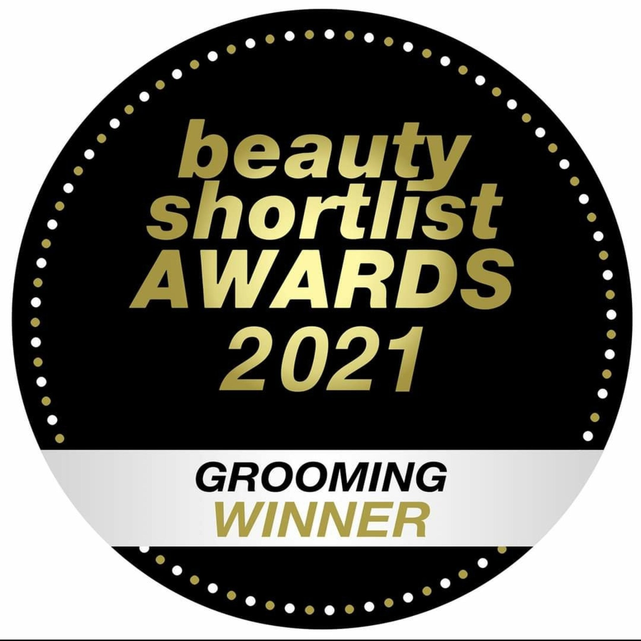 Awards badge with black and gold circular design, white border, and "Beauty Shortlist Awards 2021" text