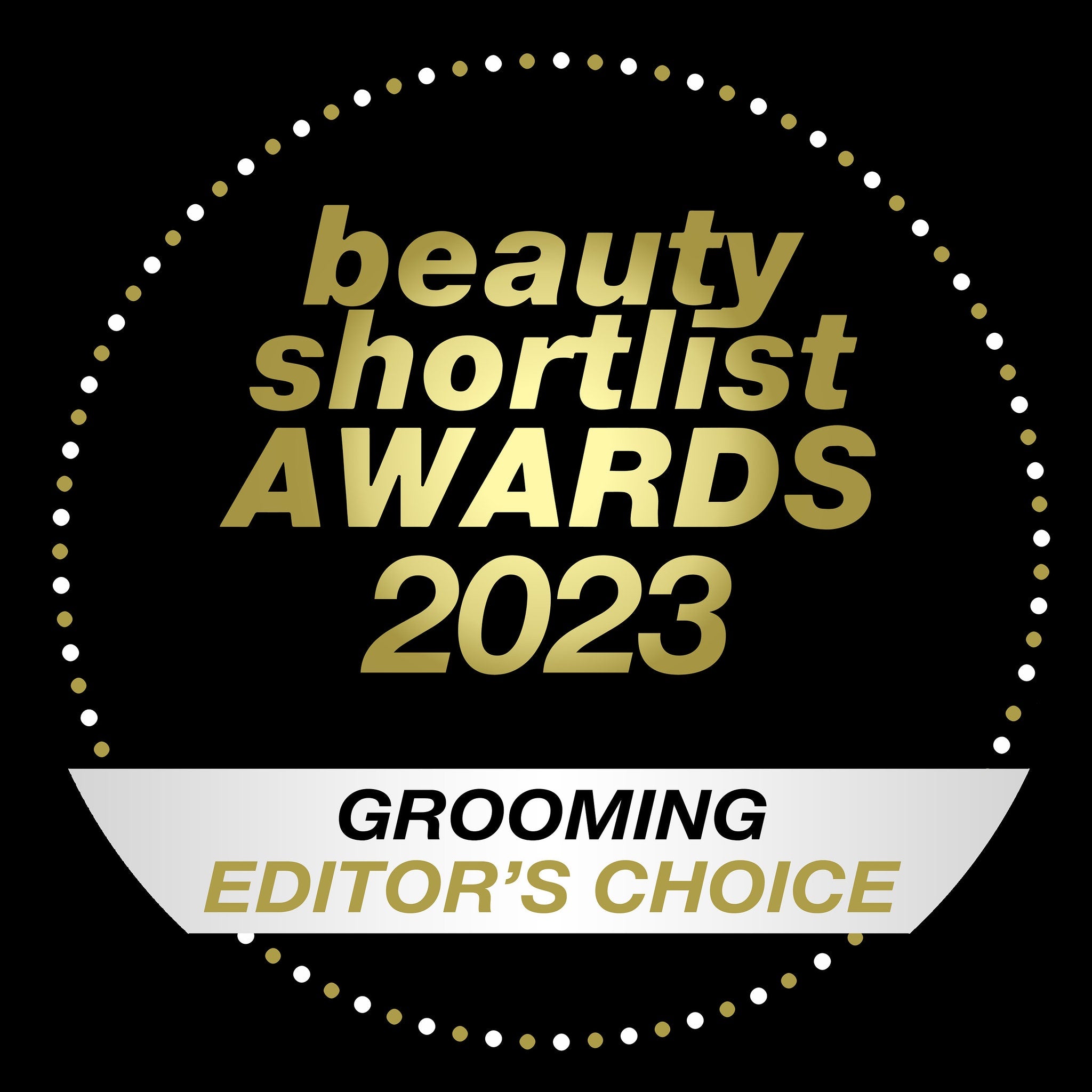 Beauty Shortlist Awards logo with gold text on black background and white dots border