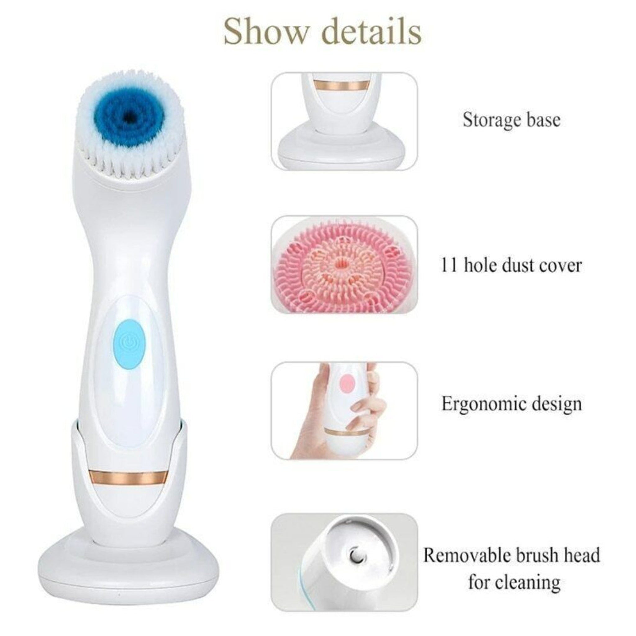 Modern white electric facial cleanser with ergonomic handle and three brush heads displayed on sleek charging base