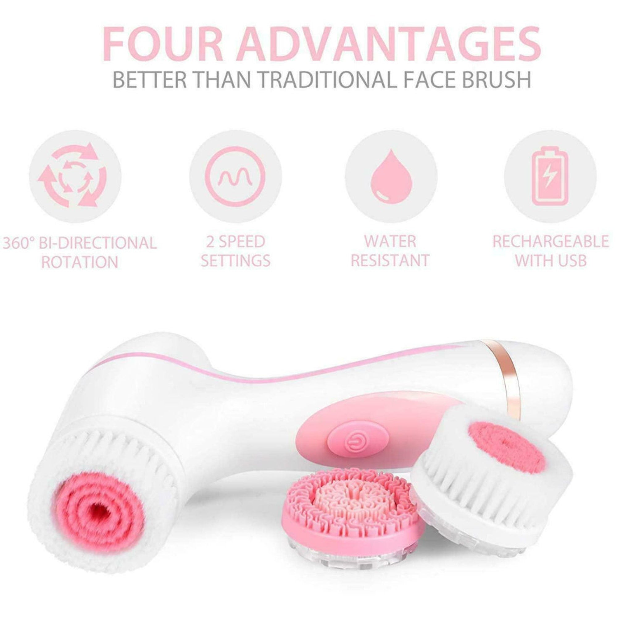 Close-up of sleek silver electric facial cleanser with three rotating brush heads and ergonomic grip