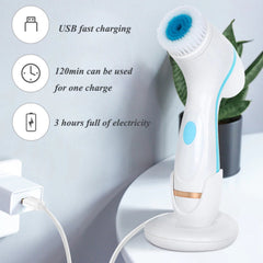 Pink and white electric facial cleanser device with soft silicone bristles and ergonomic handle for gentle exfoliation