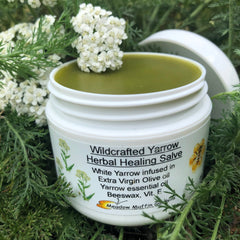 Side view of amber glass jar with wildcrafted yarrow salve, showcasing herbal texture and minimalist label design