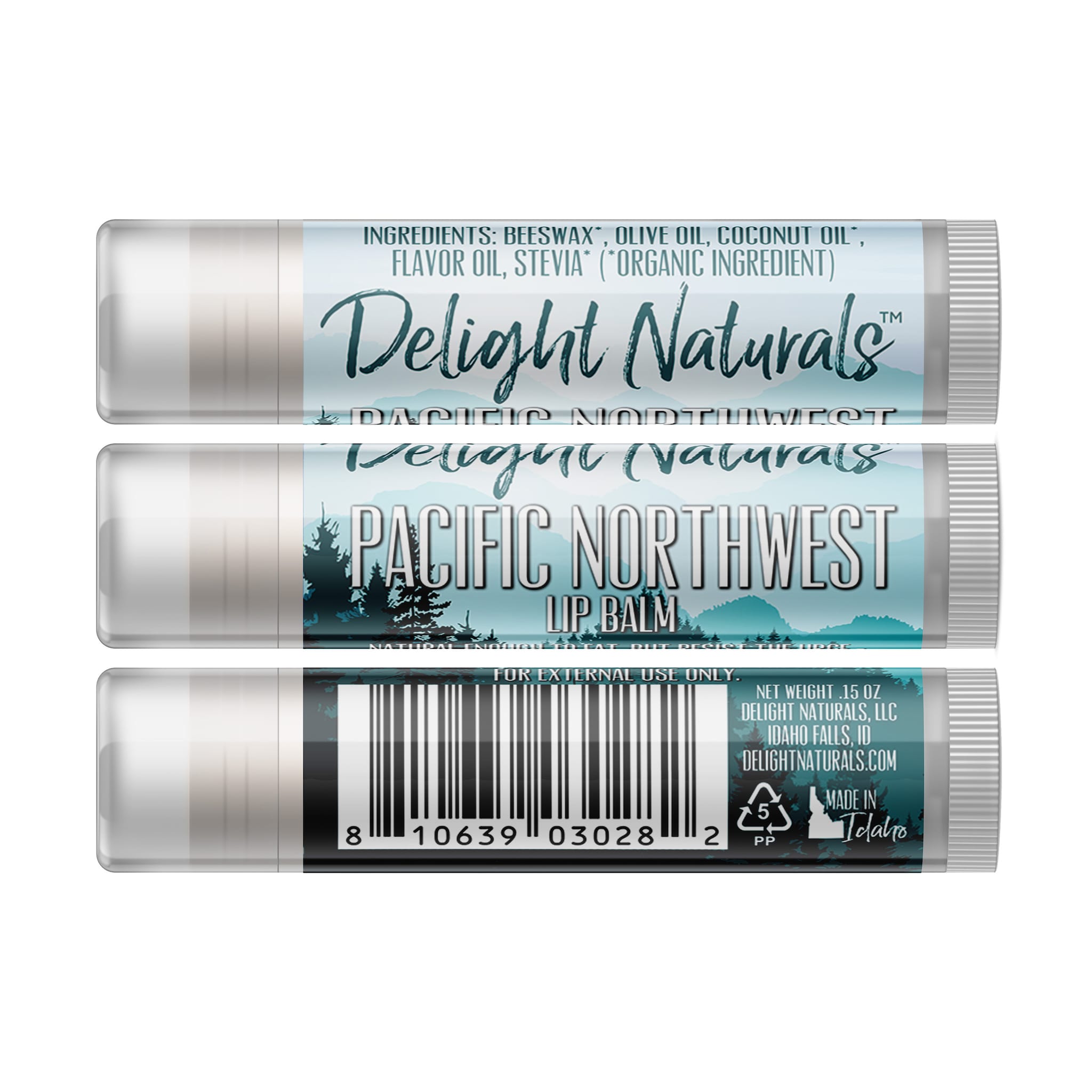 Lip balm tube with white, blue, and black label, Delight Naturals brand, Pacific Northwest design