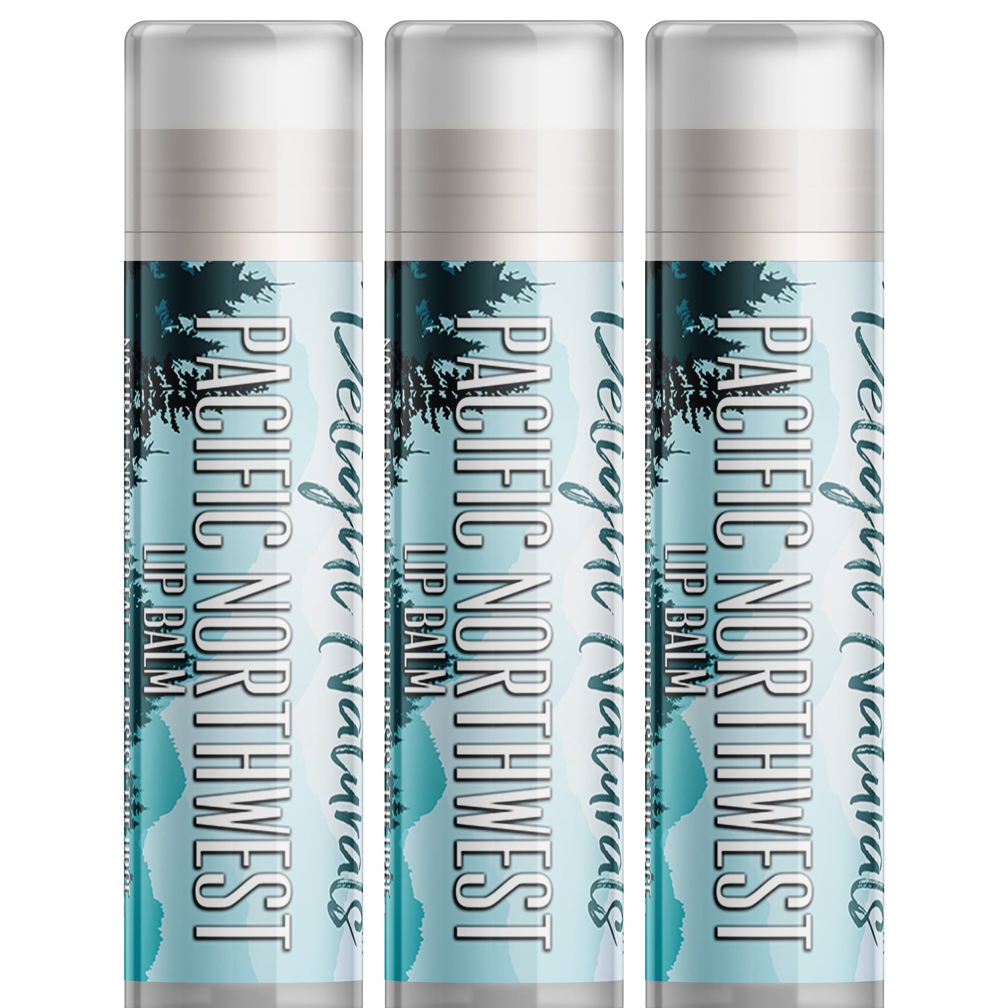 Lip balm three pack with white, teal, and silver design, Delight Naturals branding visible