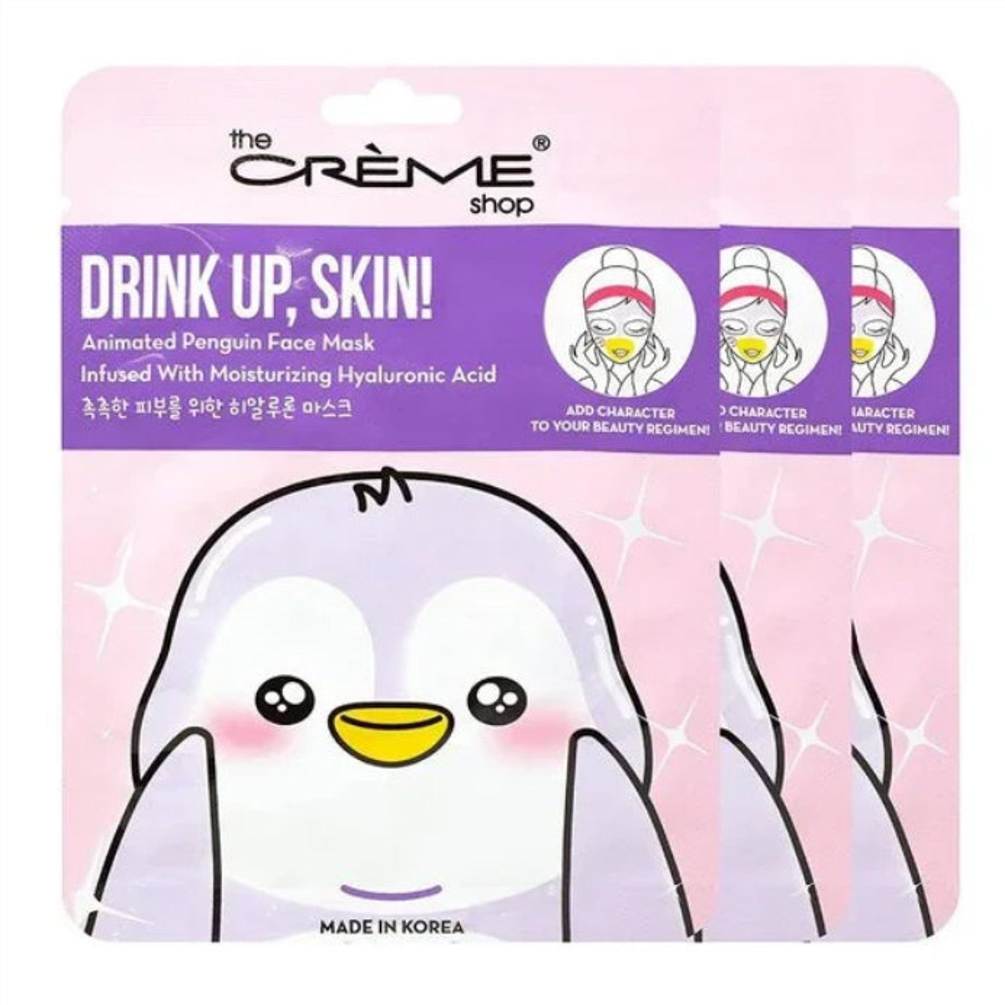 Three animated face masks in colorful packaging displayed side by side, showcasing playful skincare designs