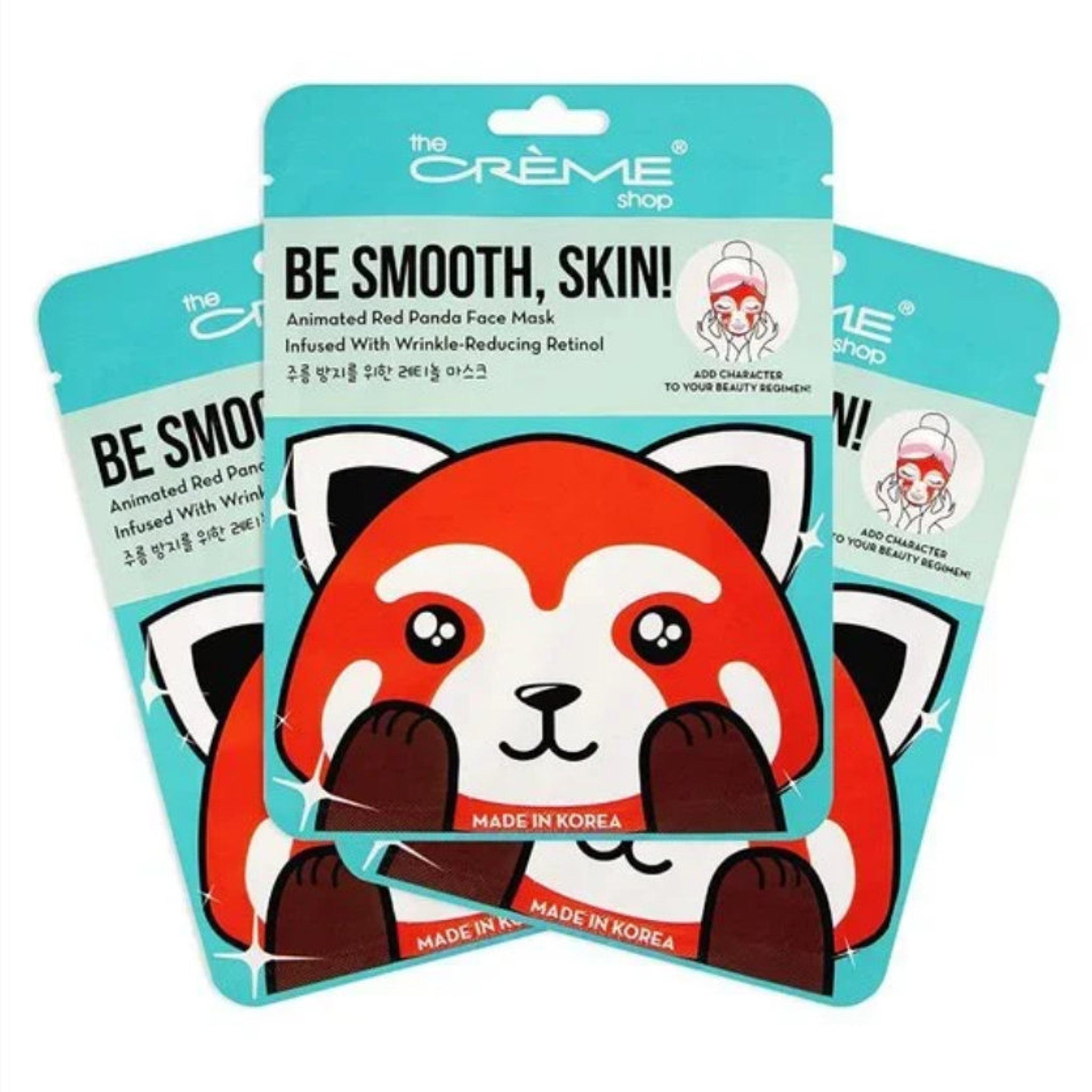 Side view of three animated face masks in sleek white packaging with minimalist blue accents, showcasing texture details