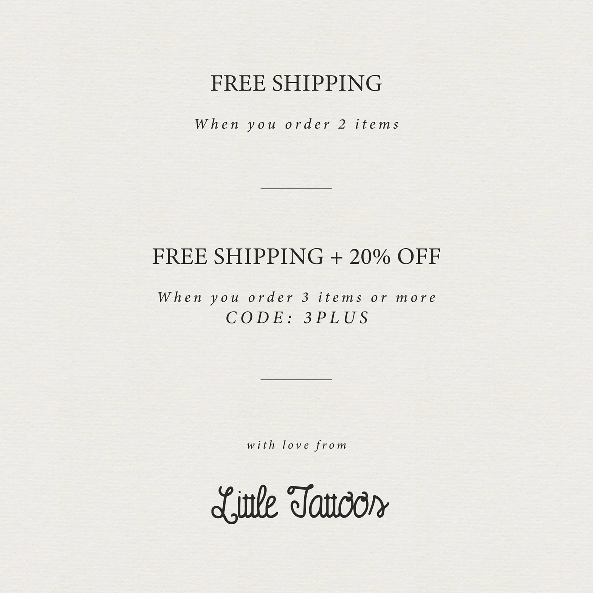 Promotional text on cream background, with "Little Tattoos" logo, offering free shipping and discount when ordering items
