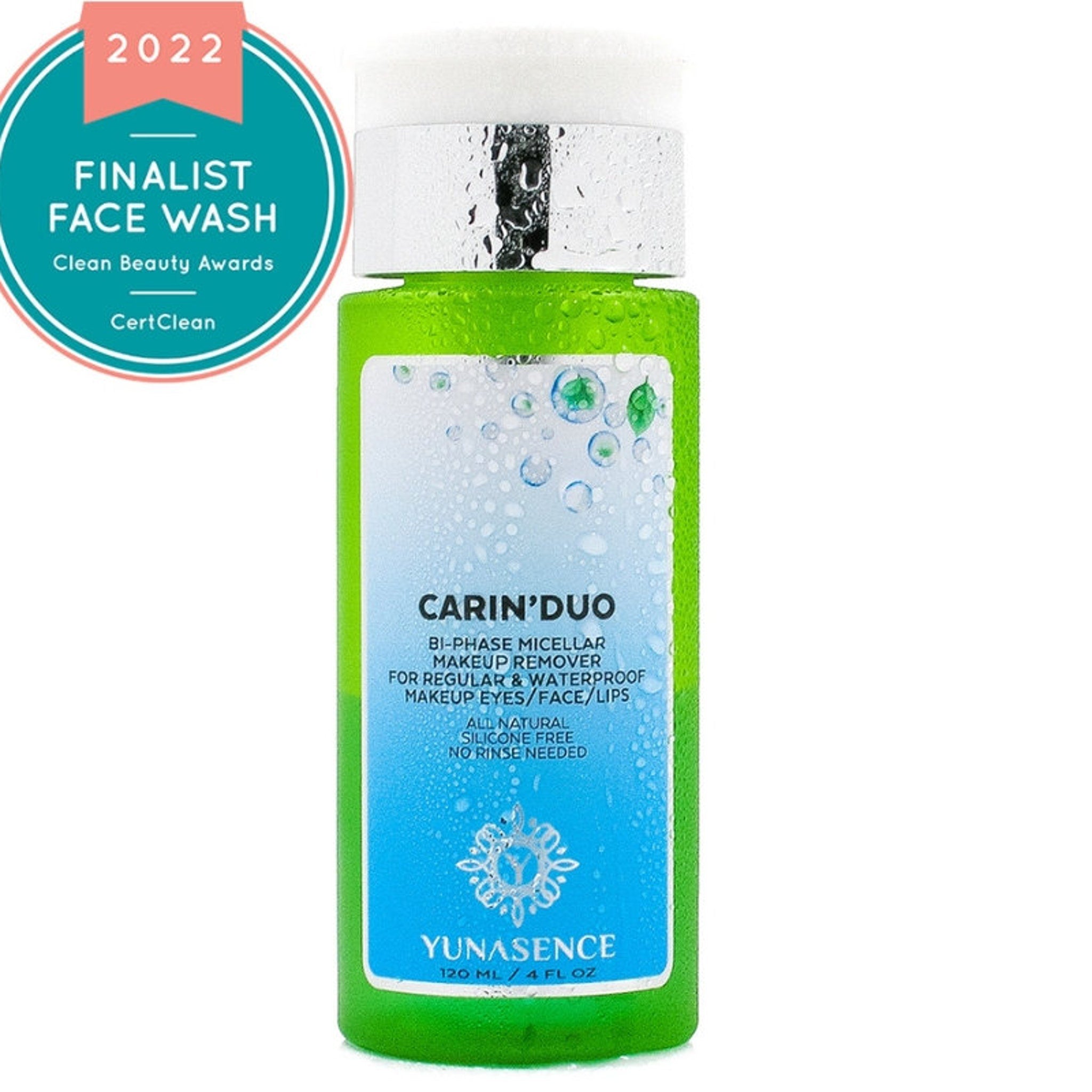 Micellar makeup remover bottle with green, white, and silver details, YUNASENCE brand visible