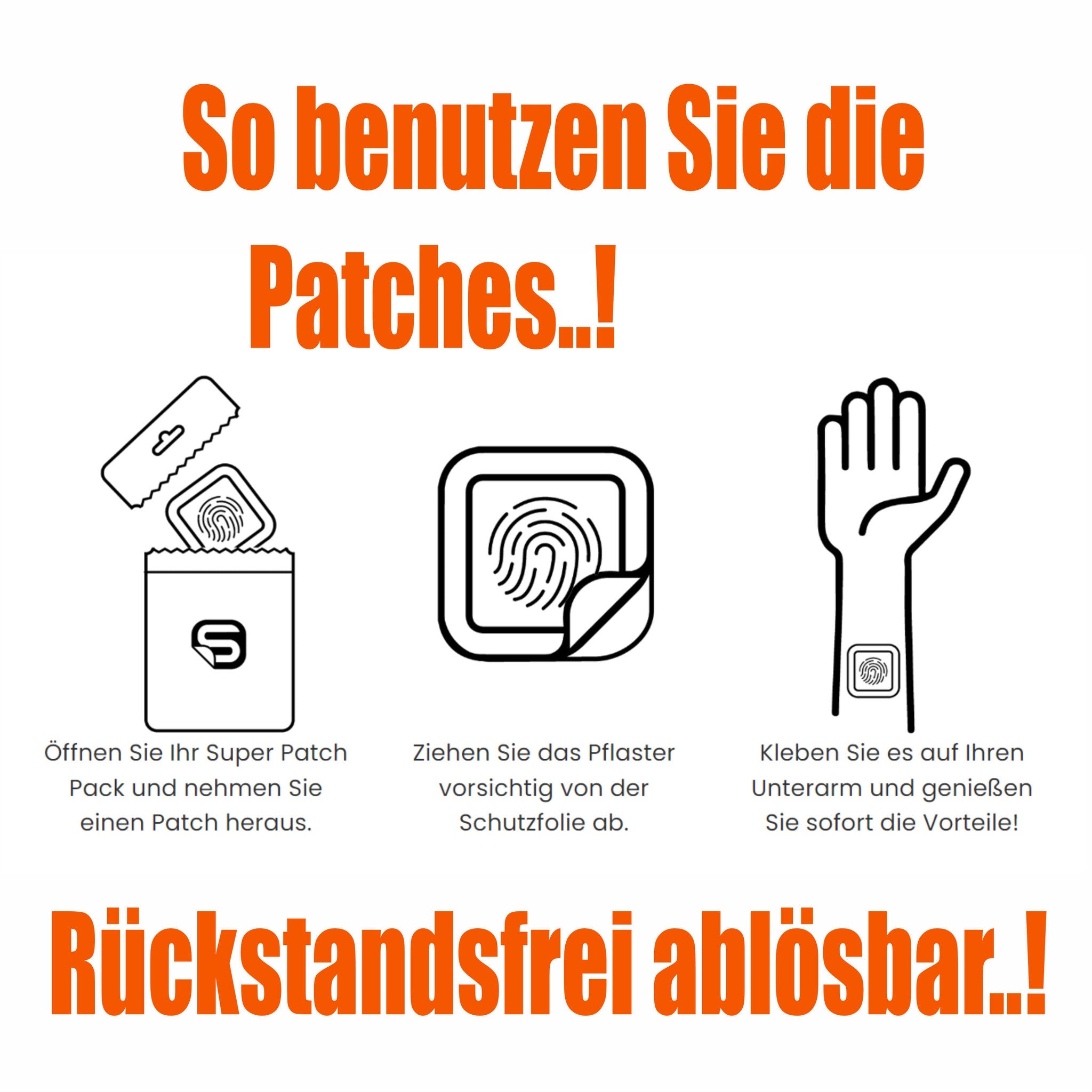 Patches instruction graphic, black and white line art showing steps for use, orange text with "S" brand logo visible