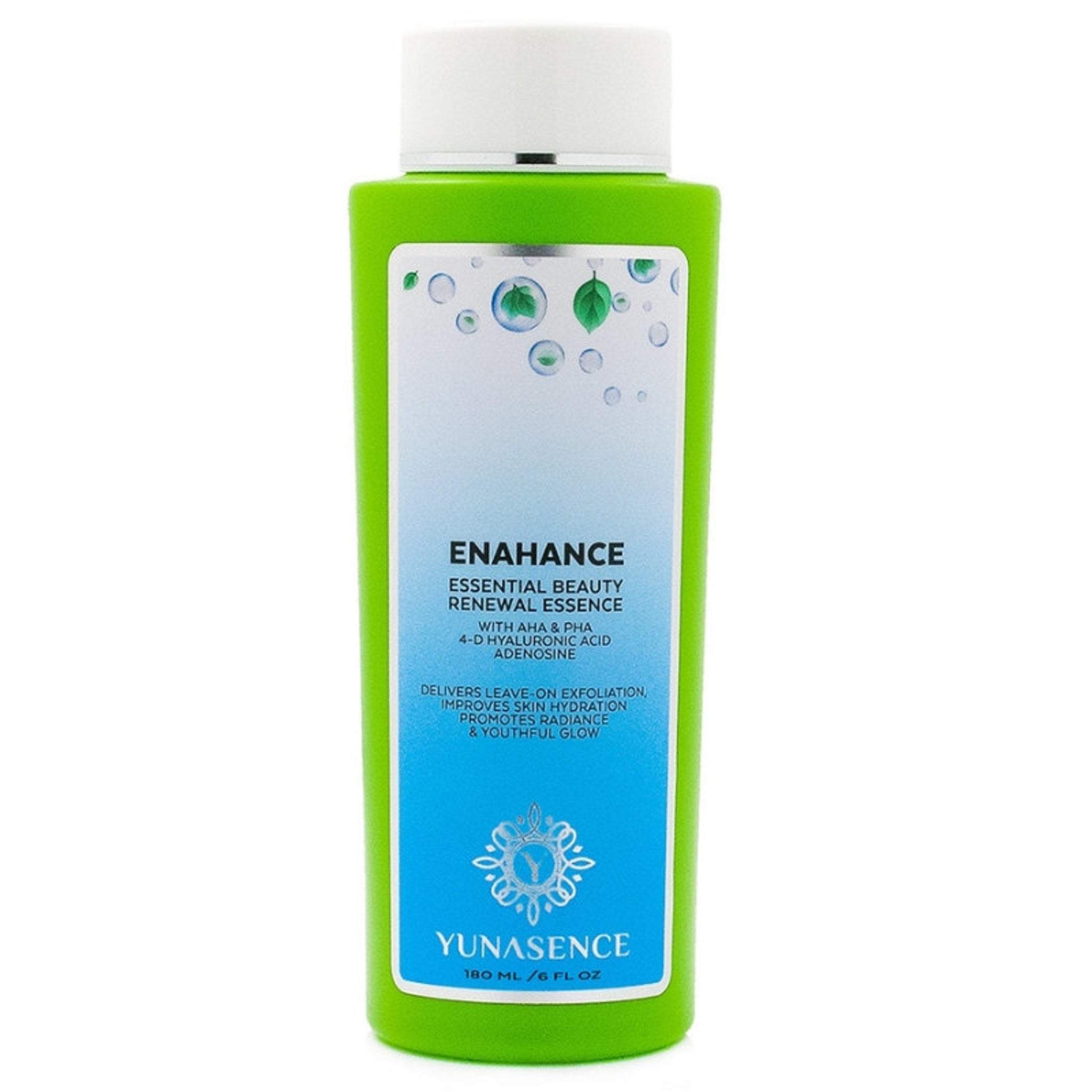Essence bottle in green, white, and blue with YUNASENCE branding and text label