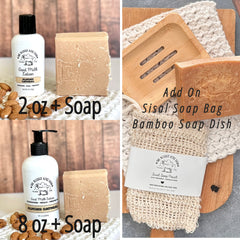 Goat milk lotion and soap set with almond oatmeal, white bottle, and beige bar soap on a white crocheted mat.