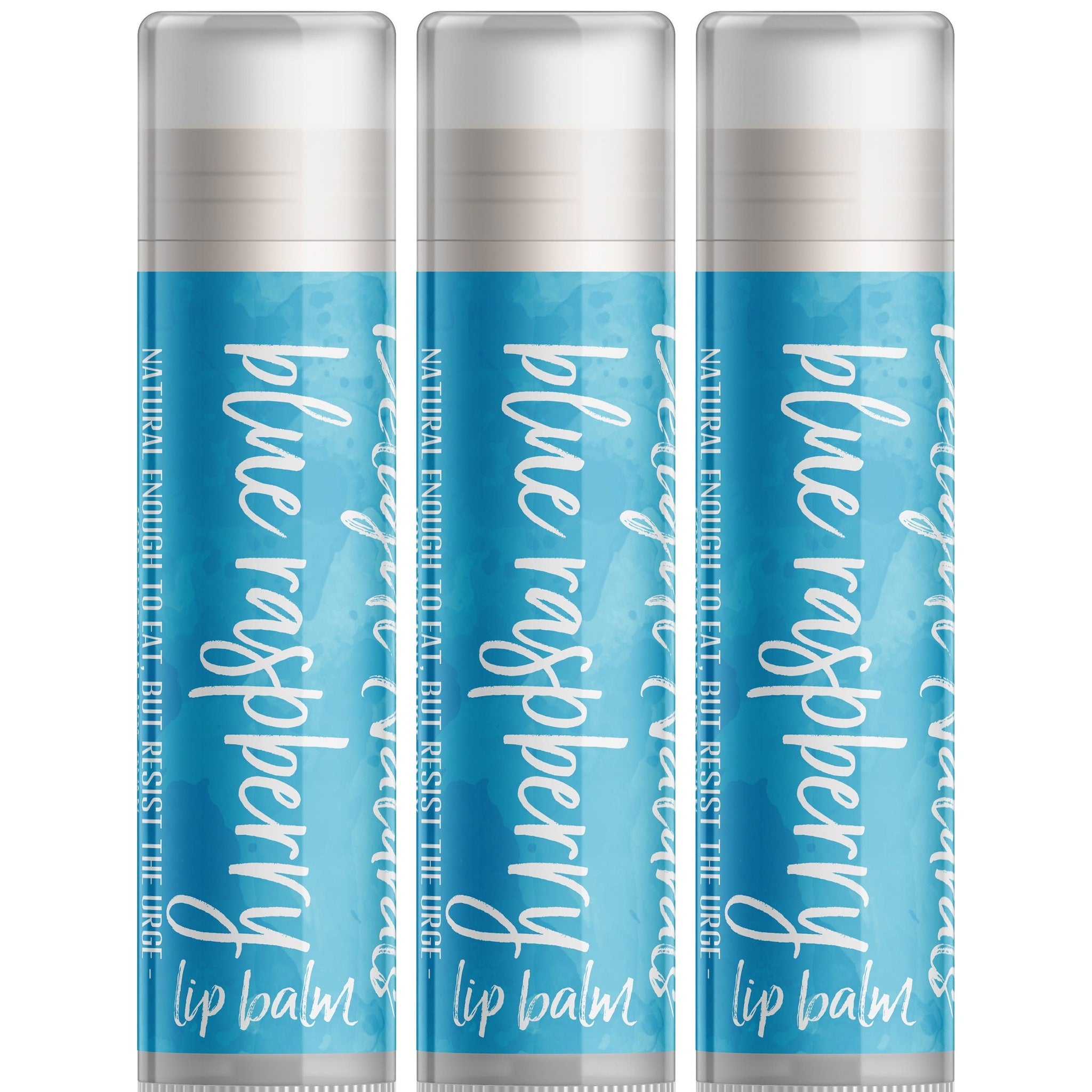 Lip balm three pack with blue and white labels, Delight Naturals branding visible